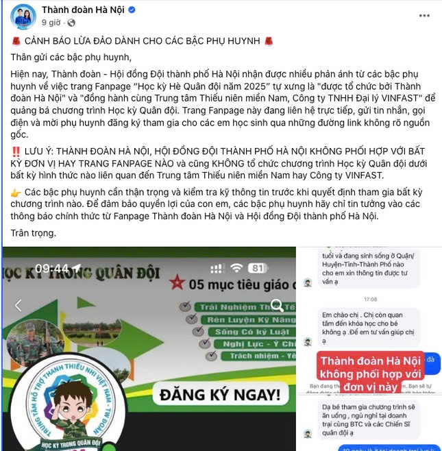 Thành Đoàn Hà Nội cảnh báo lừa đảo về học kỳ hè quân đội 2025