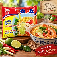 Mì Topa Vị Tôm Chua Cay 65g – Thùng 30 Gói, Chua Cay Đậm Vị, Tiện Lợi Mỗi Ngày