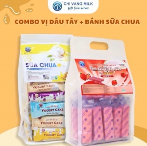 Combo 2 Túi Bánh Sữa Dâu Tây + Bánh Sữa Chua Chị Vàng Milk 500g - Mềm Mịn Thơm Béo - Đặc Sản Ba Vì Cho Cả Gia