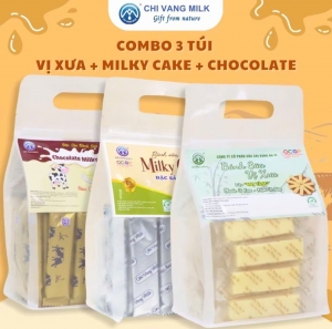 Combo 3 Túi Bánh Sữa Vị Xưa + Milky Cake + Chocolate Chị Vàng Milk 500g – Giàu Canxi, Ít Béo – Đặc Sản Ba Vì Cho Cả Gia Đình
