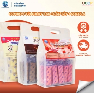 Combo 3 Túi Bánh Sữa Milky Bar + Socola + Dâu Tây Chị Vàng Milk 500g – Giàu Canxi, Ít Béo – Đặc Sản Ba Vì Cho Cả Gia Đình