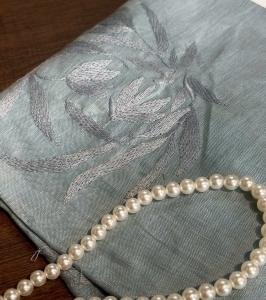 RAMY Vải linen tưng thêu lá màu xanh ngọc - LTLOP185T