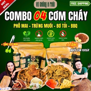 [Tặng Kẹp Gắp Mini] Combo Cơm Cháy 4 Vị Hấp Dẫn 220gr - Vợ Chồng A Phủi 