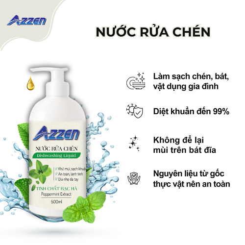Nước Rửa Chén Tinh Chất Bạc Hà Azzen 500ml – Làm Sạch Dầu Mỡ, Dịu Da Khử Mùi Hiệu Quả