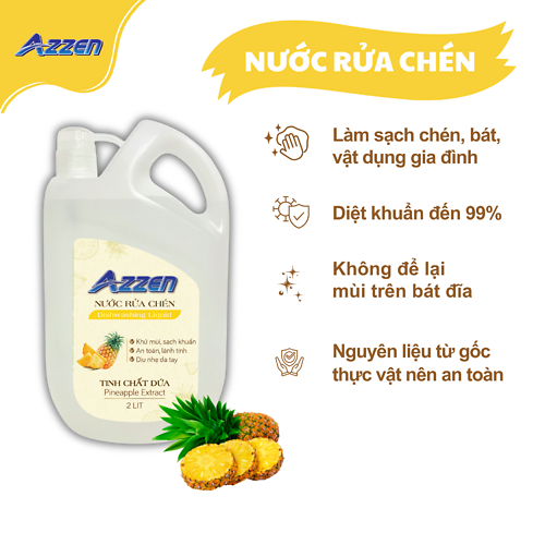 Nước Rửa Chén Hương Dứa Azzen 2L – Sạch Dầu Mỡ, Dịu Da, Khử Mùi Hiệu Quả
