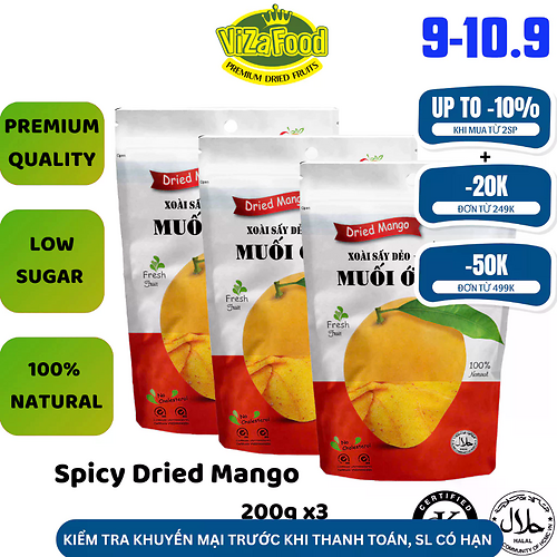 Combo 3 Xoài sấy dẻo MUỐI ỚT túi 200G, cay vừa, nguyên miếng, rất ít xơ - Viza Food